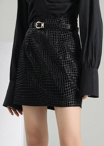Black Zip Up Wrinkled Faux Leather Skirts Spring