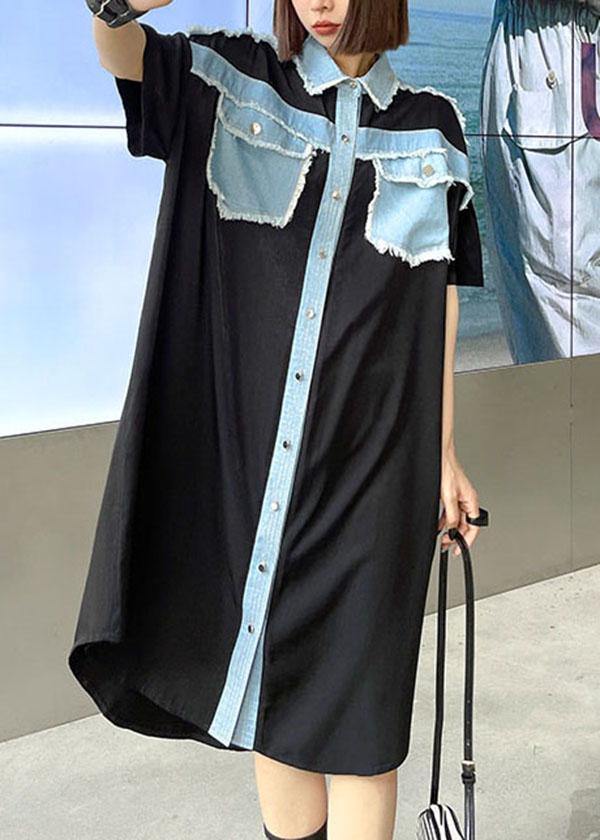 Black Summer Splicingpocke Patchwork Maxi Dresses Short Sleeve Cotton