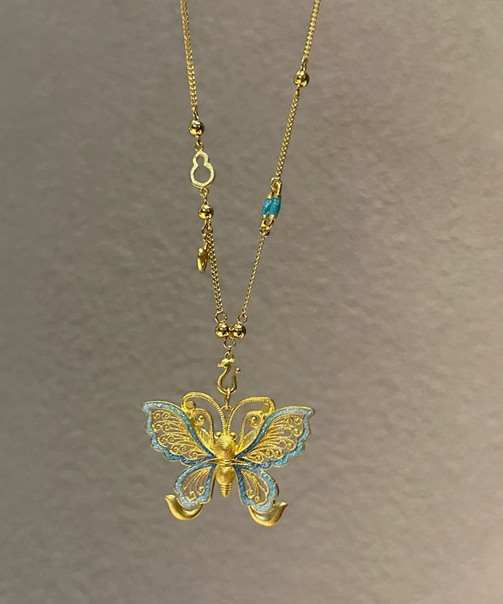 Gold Sterling Silver Overgild Butterfly Hollow Out Pendant Necklace