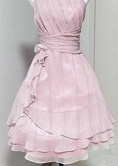 Pink Wrinkled High Waist Silk Spaghetti Strap Dress Sleeveless