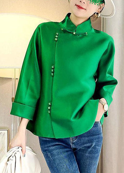 Chinese Style Green Button Stand Collar Silk Top Long Sleeve