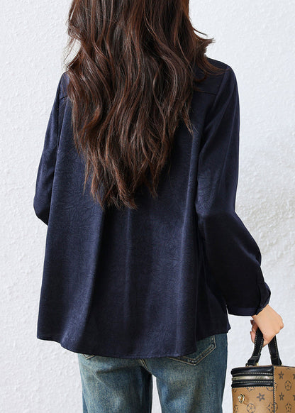 Natural Navy Peter Pan Collar Jacquard Cotton Blouse Tops Fall