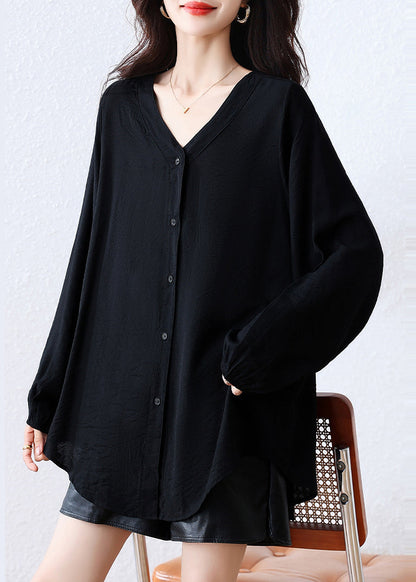 Black Oversized Cotton Blouse Top Fall