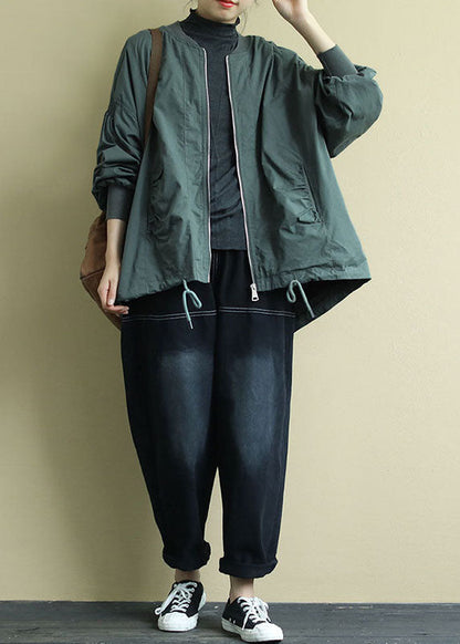Green Zippered Pockets Low High Design Fall Coat Long Sleeve