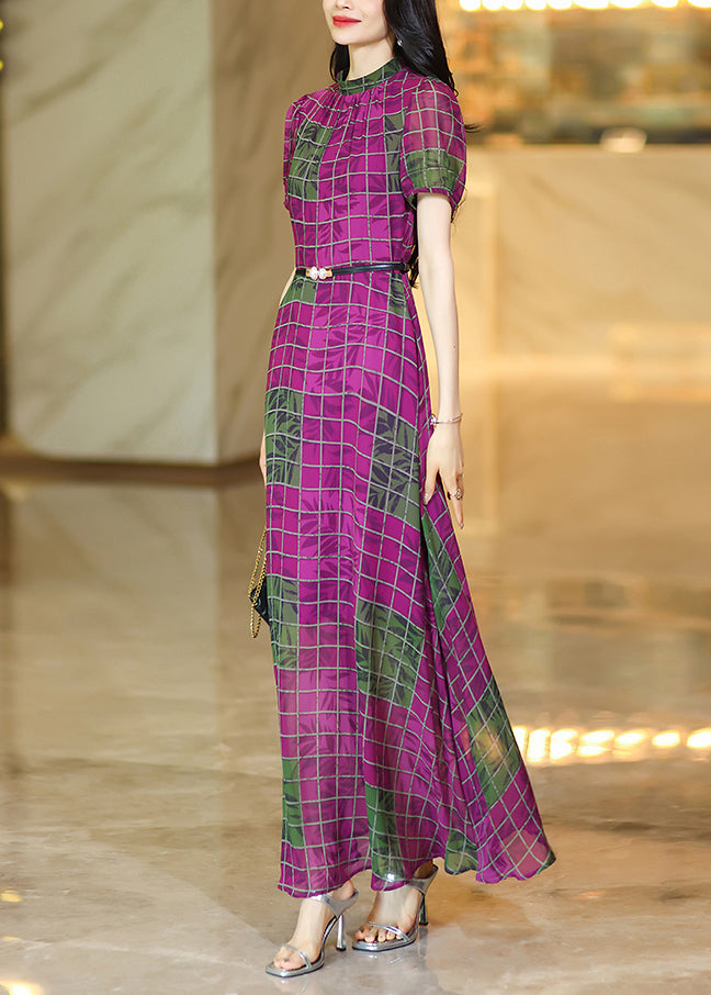 Rose O Neck Plaid Chiffon Maxi Dresses Summer