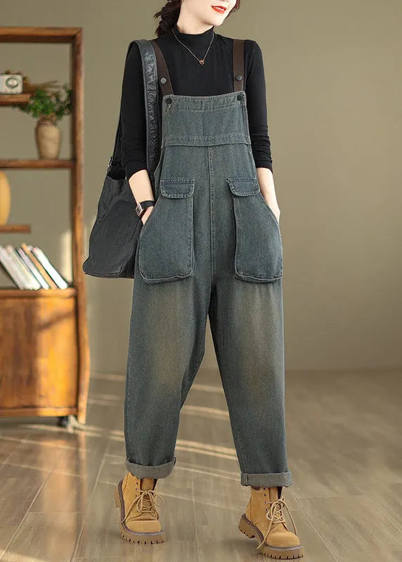 Blue Pockets High Waist Denim Jumpsuit Fall