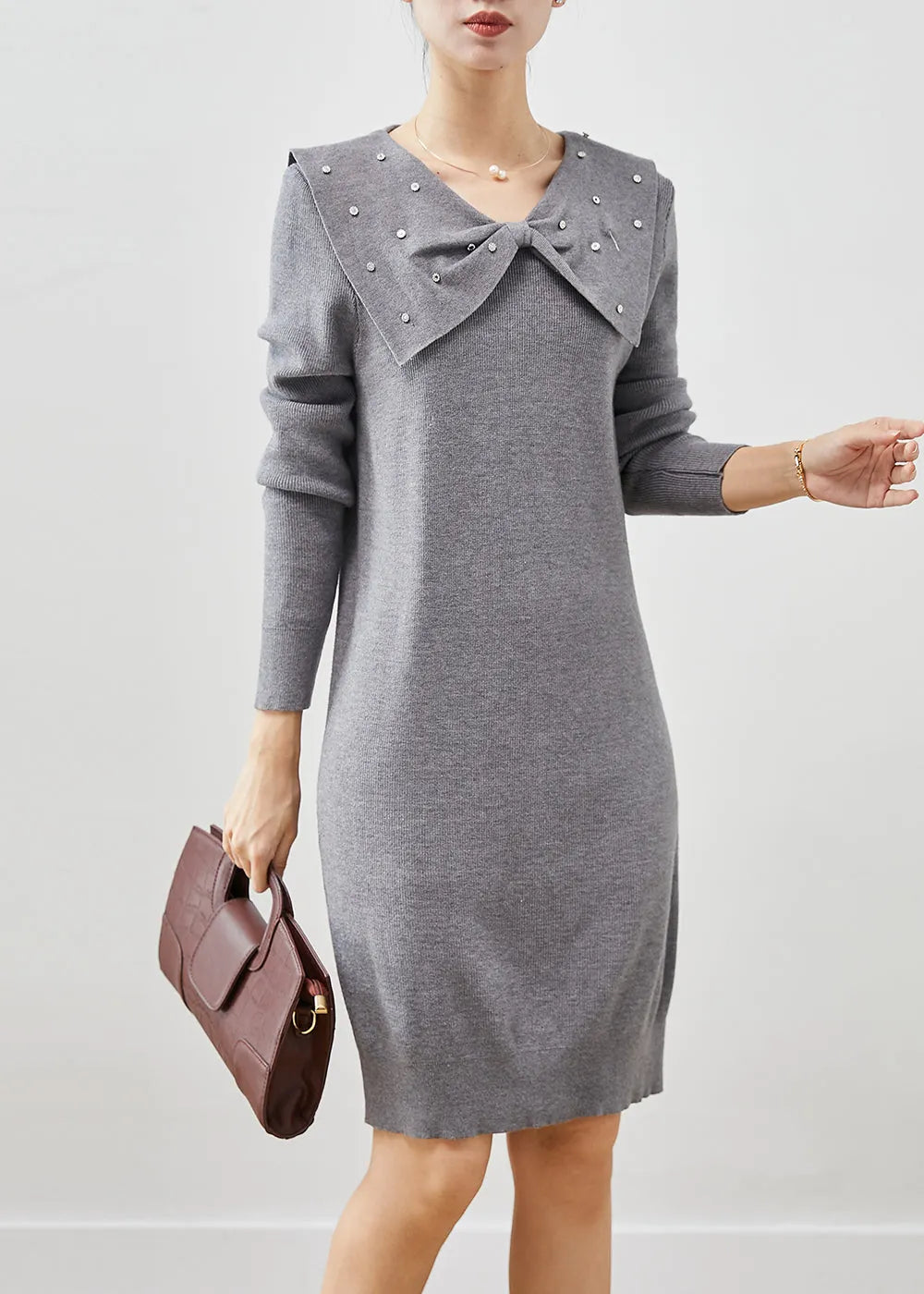 Grey Butterfly Collar Silm Fit Knit Sweater Dress Spring