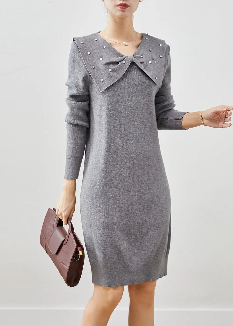 Grey Butterfly Collar Silm Fit Knit Sweater Dress Spring