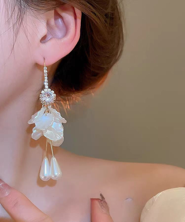 White Copper Acrylic Zircon Pearl Shell Tassel Drop Earrings