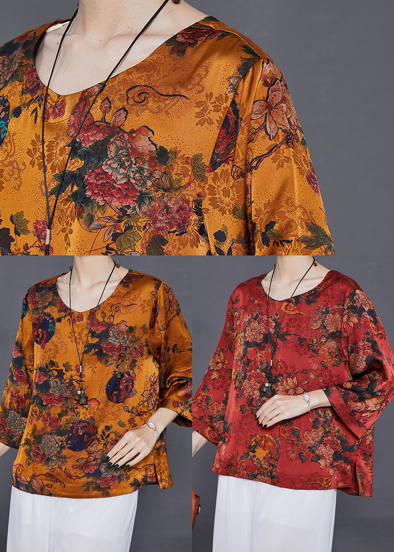 Red Print Loose Silk Shirt Top O-neck Summer