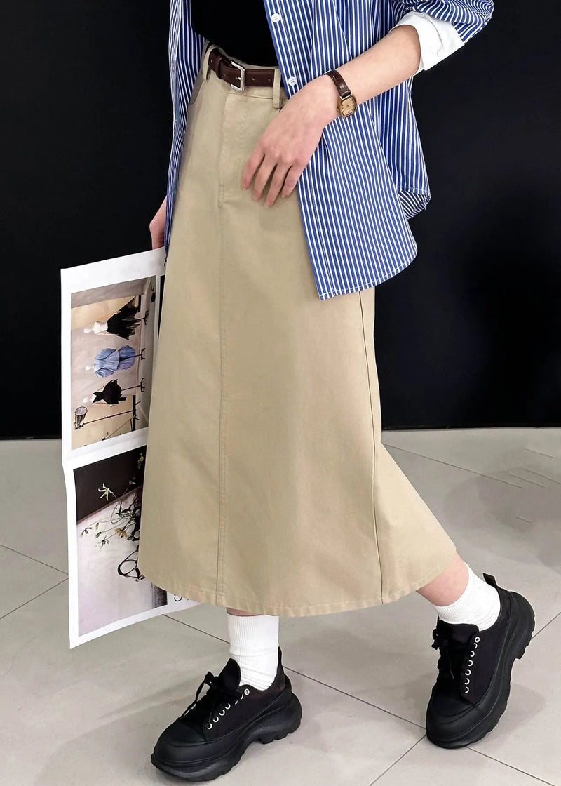Khaki Side Open Cotton Skirt High Waist