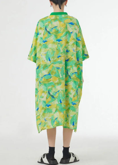 Green Print Button Patchwork Cotton Dresses Low High Design Summer