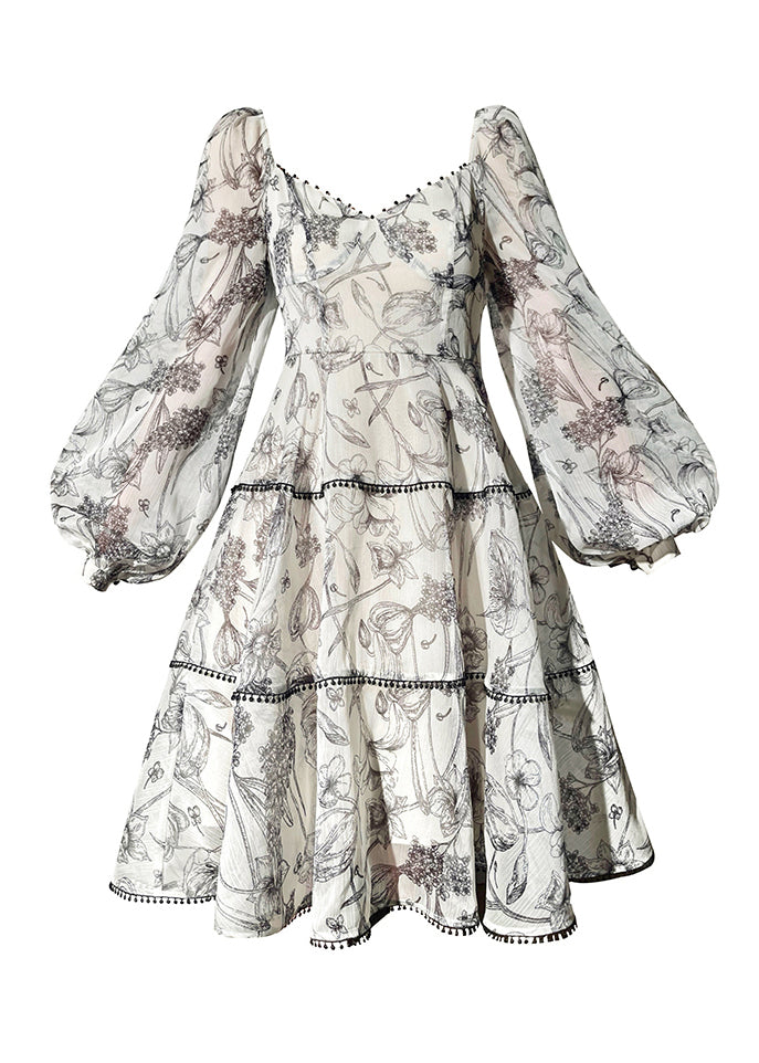 V Neck Print Chiffon Mid Dress Lantern Sleeve