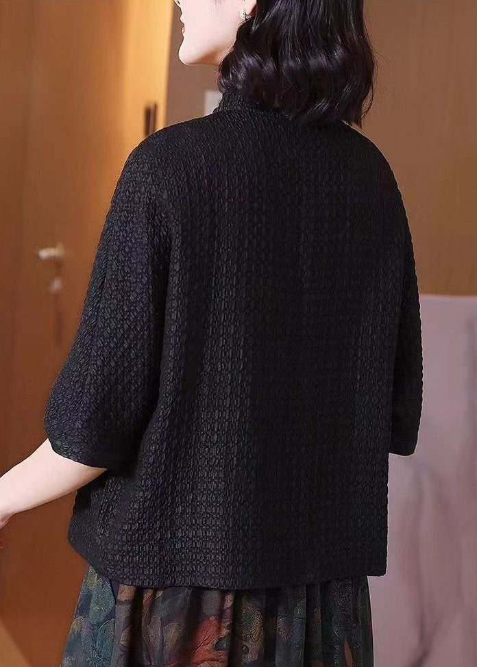Black Button Silk Shirt O Neck Bracelet Sleeve
