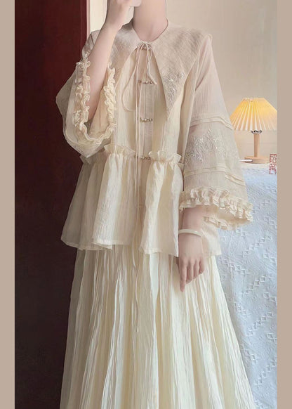 New Beige Ruffled Embroideried Lace Up Cotton Two-piece Set Spring