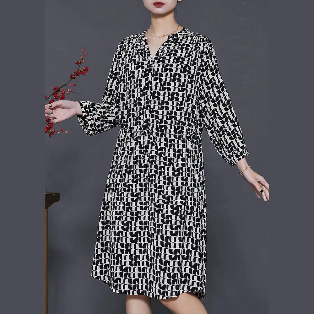 Black Cinched Print Silk Mid Dress Summer
