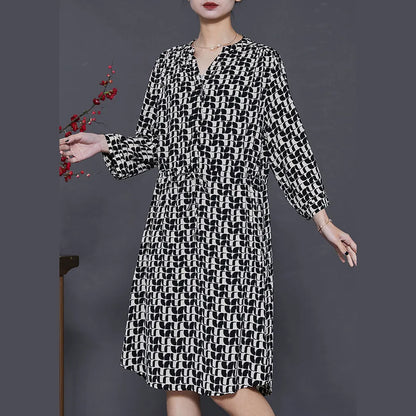 Black Cinched Print Silk Mid Dress Summer