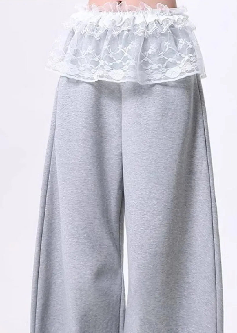 Grey Oversized Patchwork Lace Cotton Wide Leg Pants Spring