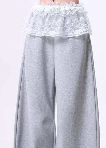 Grey Oversized Patchwork Lace Cotton Wide Leg Pants Spring