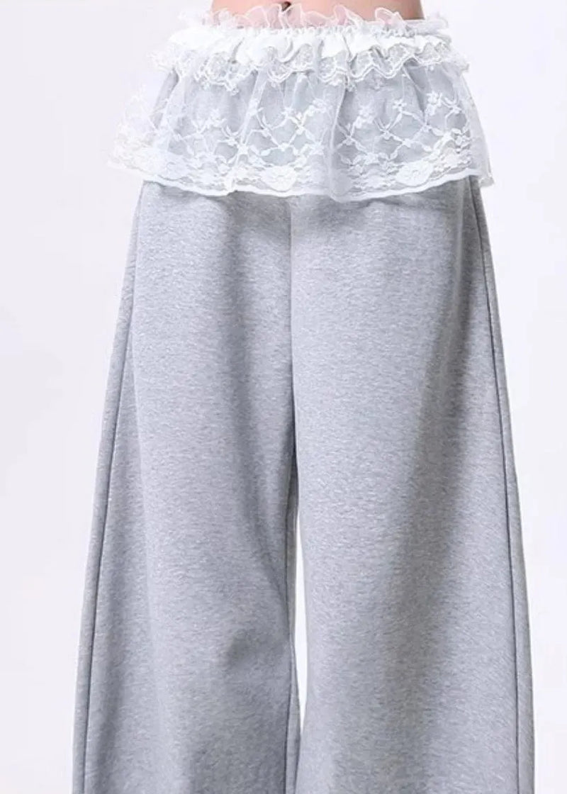 Grey Oversized Patchwork Lace Cotton Wide Leg Pants Spring