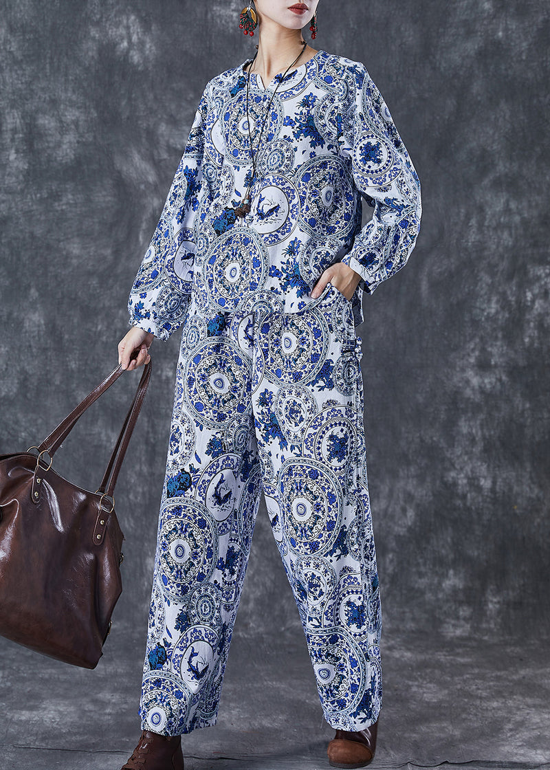Blue Print Linen Sets 2 Pieces O-neck Fall