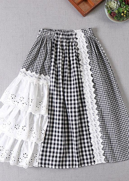Simple Black Patchwork White Plaid Fall a Line Skirt
