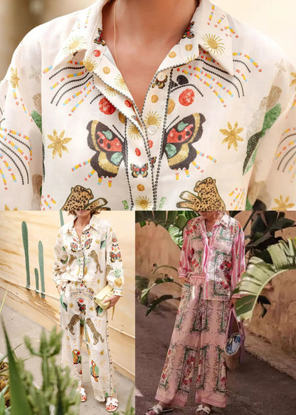 Apricot Print Button Shirts and Straight Pants Two-piece Set Lantern Sleeve