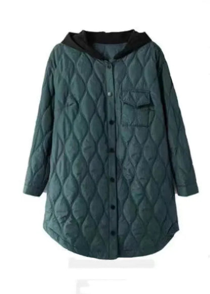 Peacock Green Hooded Pockets Cotton Filled Coats Winter