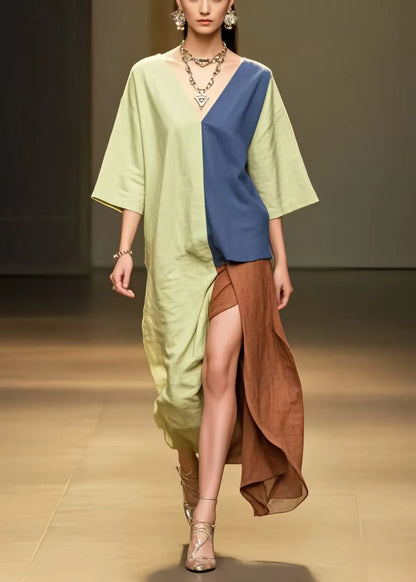 Grass Green Patchwork Cotton Dress Asymmetrical Side Open Summer