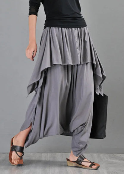 Grey Pockets Draping Cotton Pants Skirt Summer