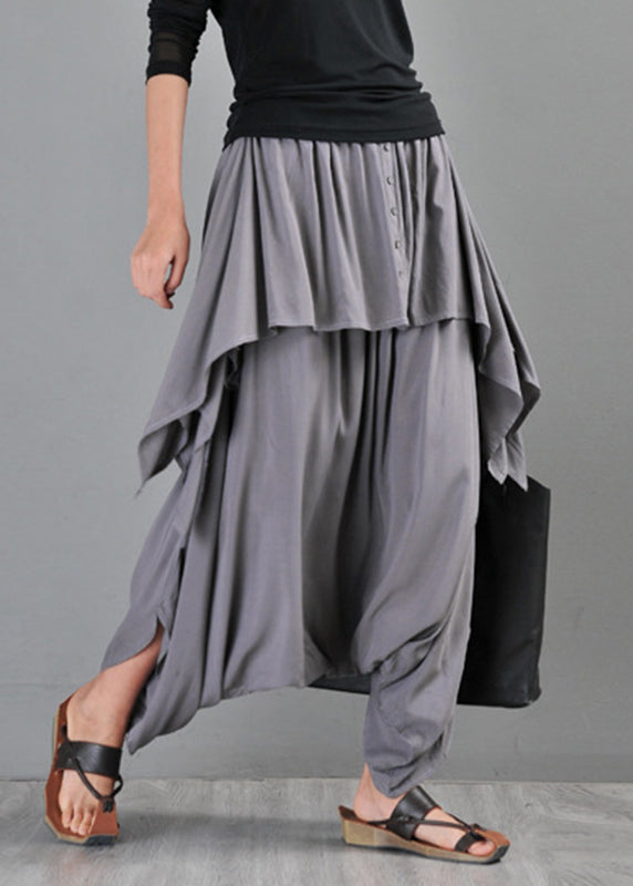 Grey Pockets Draping Cotton Pants Skirt Summer