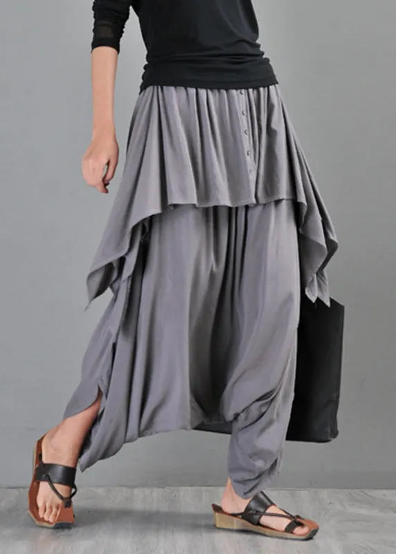 Grey Pockets Draping Cotton Pants Skirt Summer