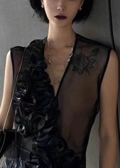 Black V Neck Ruffled Original Design Tulle Top Sleeveless
