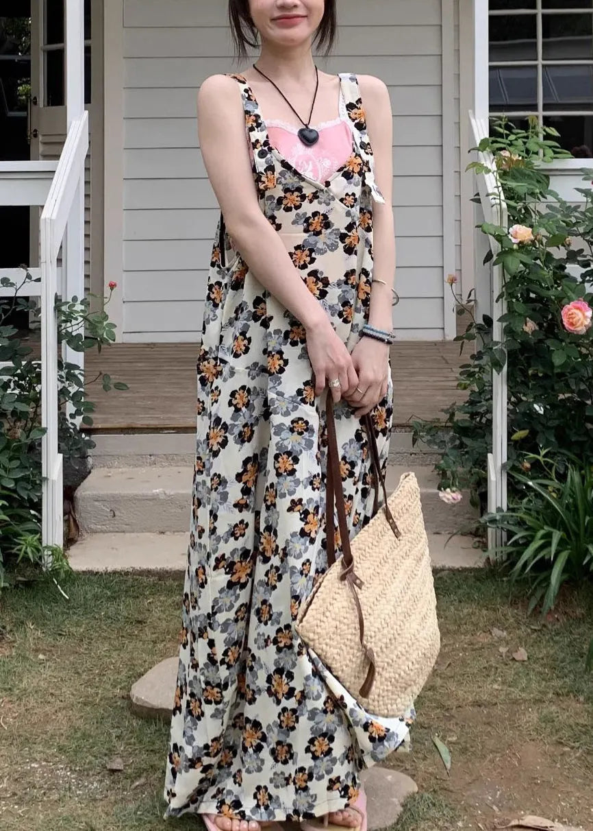 Yellow Print Cotton Sleeveless Wide Leg Jumpsuit V Neck
