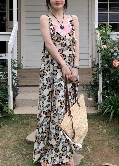 Yellow Print Cotton Sleeveless Wide Leg Jumpsuit V Neck