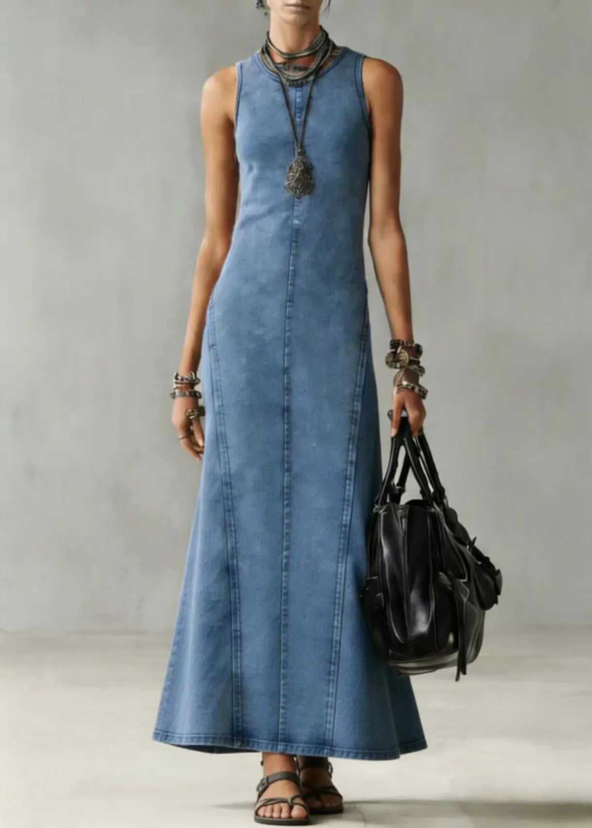 Slim Fit Blue O Neck Denim Long Dress Sleeveless