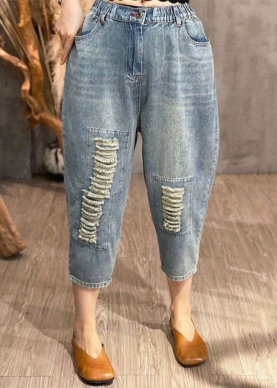 New Light Blue Hole Pockets Elastic Waist Denim Crop Pants Spring