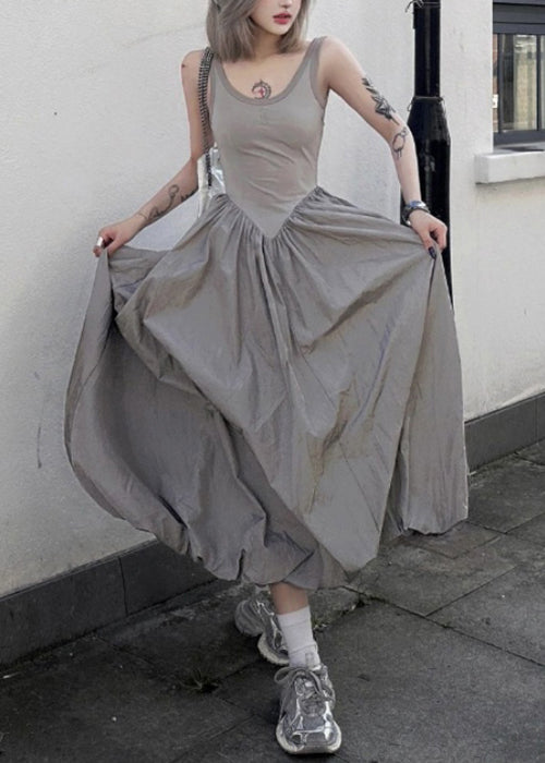 New Grey Backless Patchwork Cotton Long Dresses Sleeveless Summer
