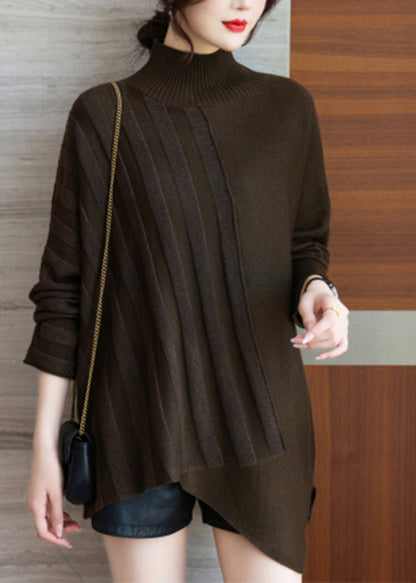 Coffee Half Turtleneck Asymmetrical Knit Sweaters Spring