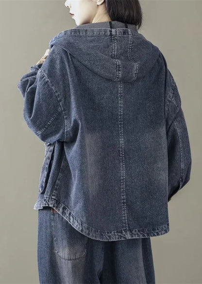 Blue Hooded Patchwork Denim Coats Spring