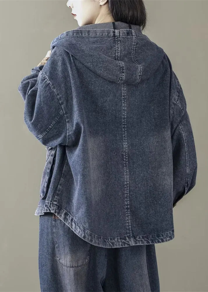 Blue Hooded Patchwork Denim Coats Spring