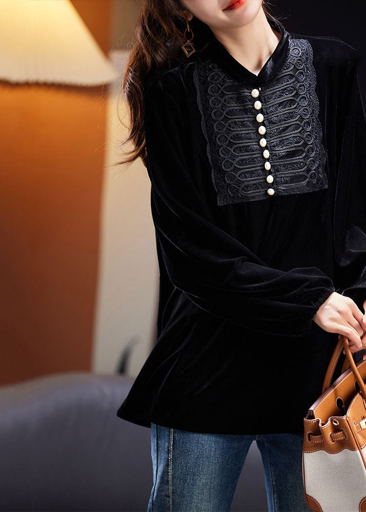 Vogue Black O-neck Nail Bead Patchwork Silk Velour Top Fall