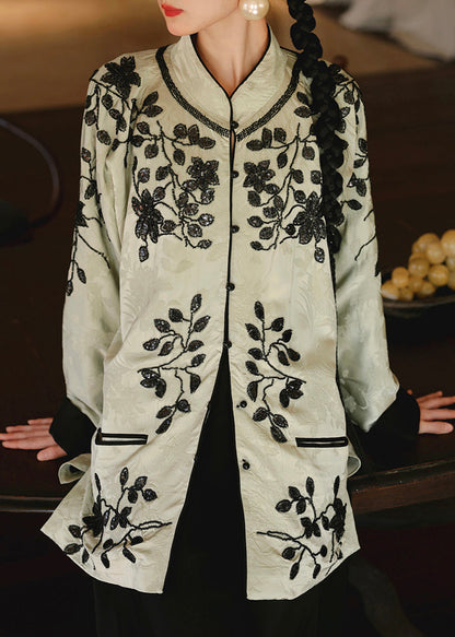 Original Stand Collar Embroideried Silk Two Piece Suit Set Fall