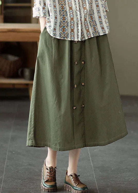 Army Green Pocket Patchwork Cotton a Line Skirt Spring