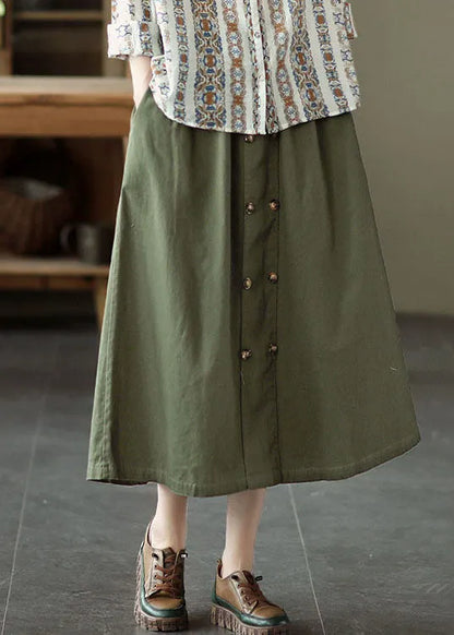 Army Green Pocket Patchwork Cotton a Line Skirt Spring