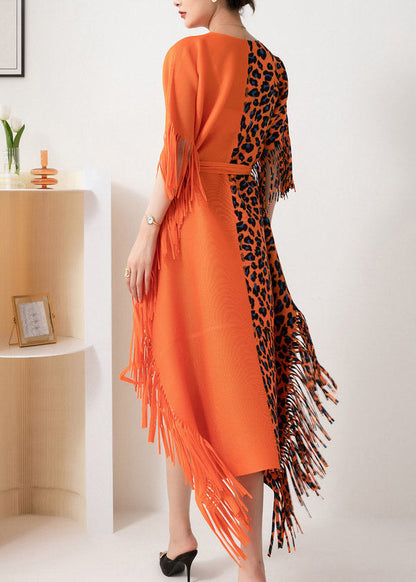Orange Asymmetrical Design Patchwork Tie Waist Tassel Long Dress Fall