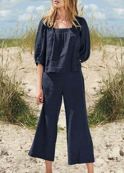 Style Khaki Square Collar Top and Crop Pants Two Pieces Set Half Sleeve