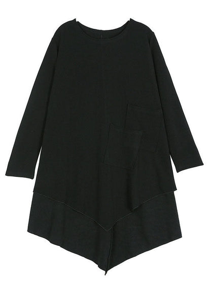 Black Asymmetrical Pockets Cotton Shirt Spring
