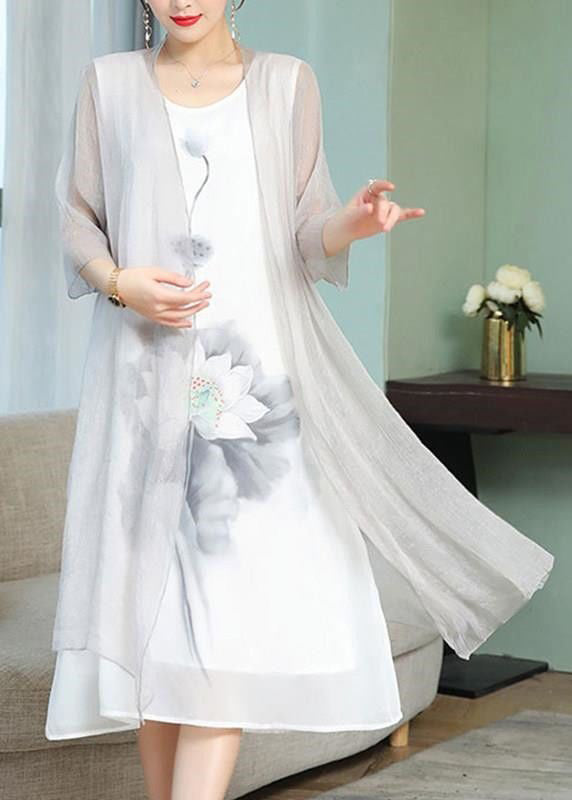 New White Print Cardigan and Tank Dress Two Pieces Set Bracelet Sleeve