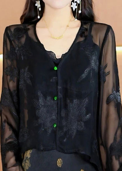 Black V Neck Jacquard Chiffon Top Fall